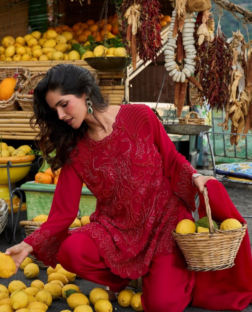 RED - Cherry Red Embroidered Georgette Designer Suit